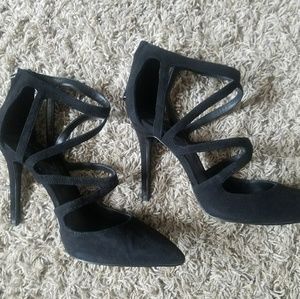 Zara Woman Black Suede Strappy Stiletto Heels Sz8